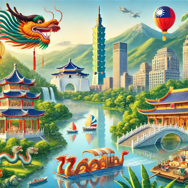 Illustrated Taiwan landscape with Taipei 101, mountains and cultural motifs.