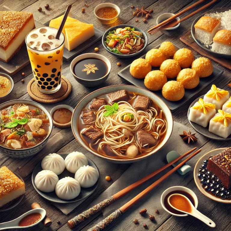 Illustration of Taiwanese dishes, dumplings, noodles and bubble tea.