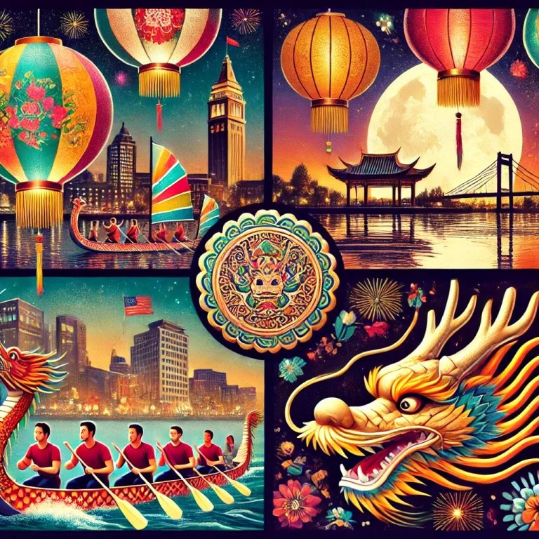 Illustration of lanterns, a dragon boat and Taiwanese festival scenes.
