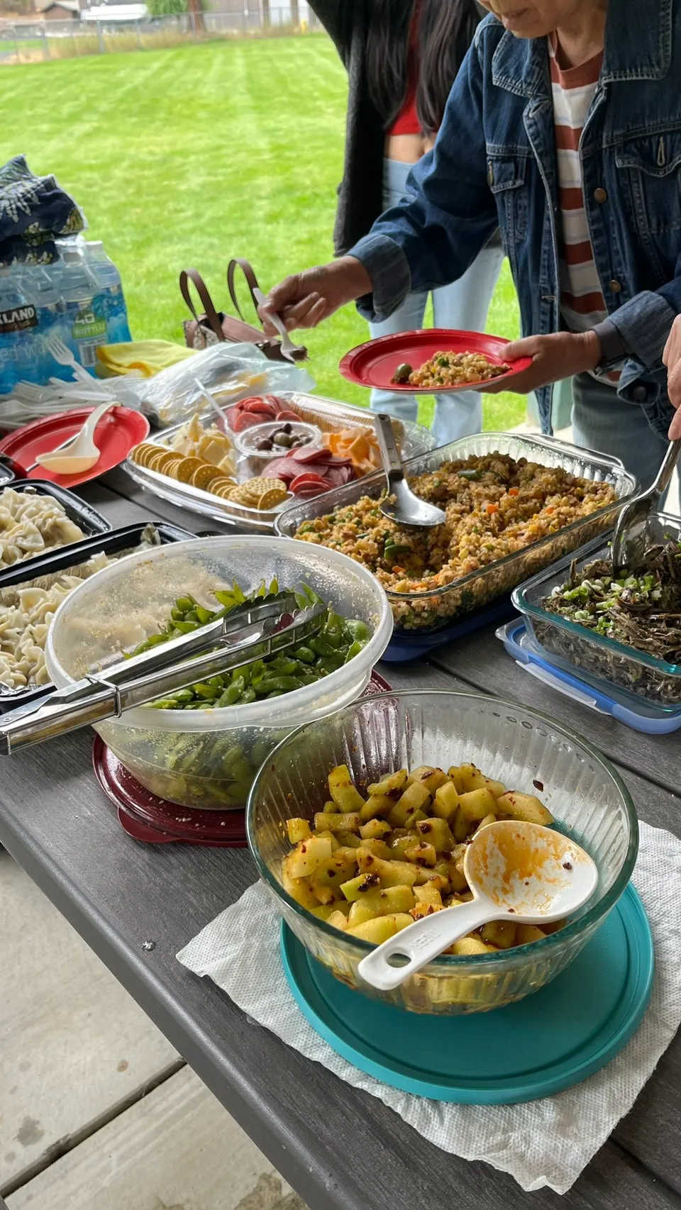 Community members sharing a potluck table with rice, dumplings, vegetables, and fruit