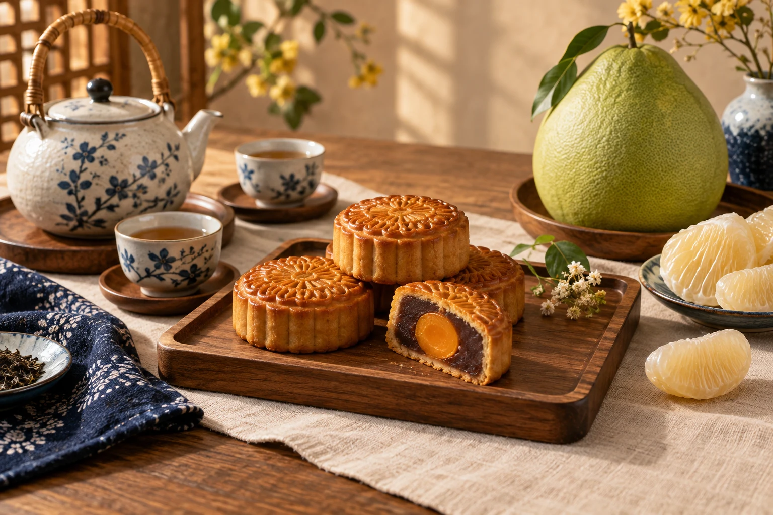 Mooncakes with tea and pomelo on a warmly lit table — AI illustration
